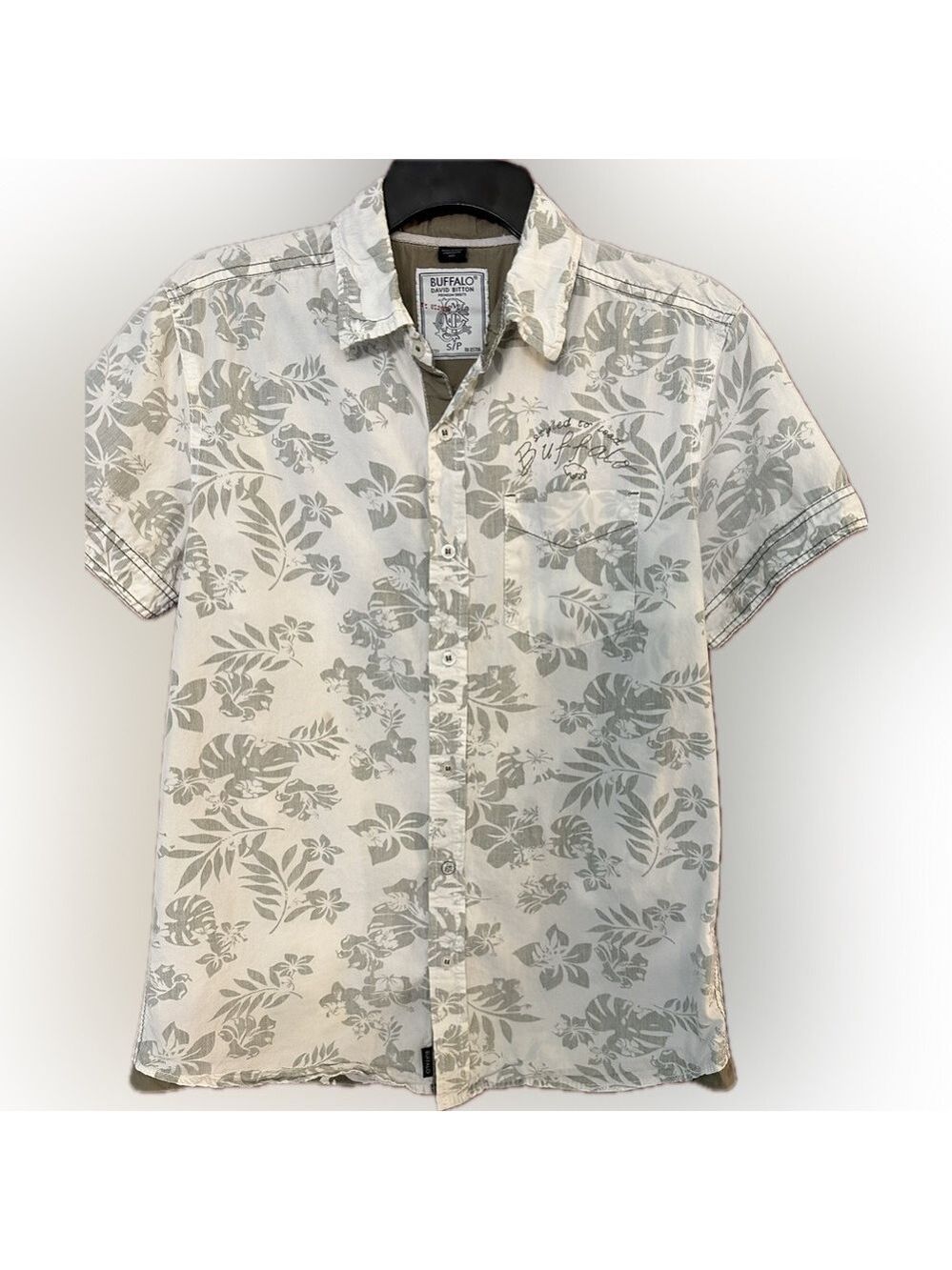 Buffalo David Bitton Men’s Collard Reverse print Gray botanical S sleeve shirt S